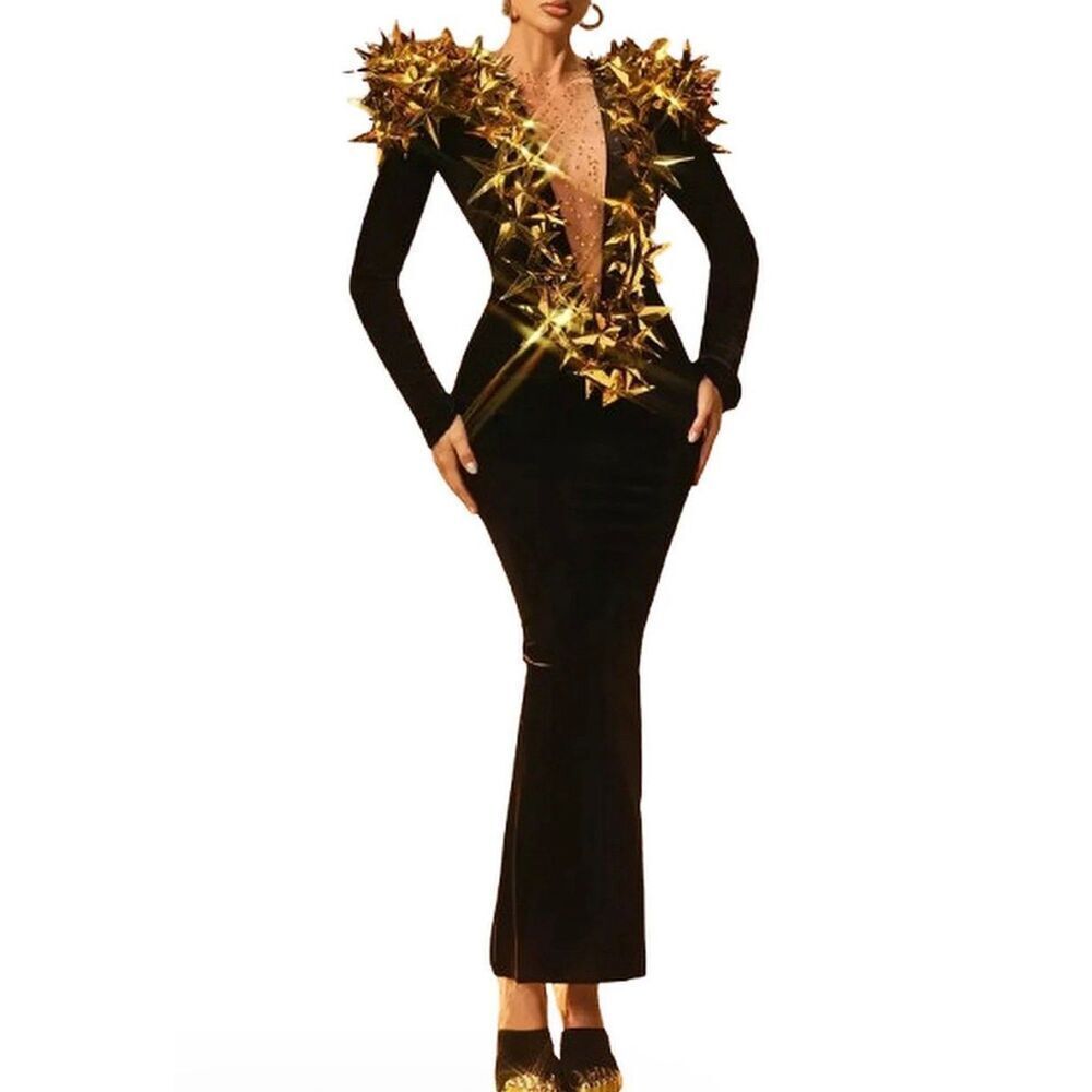NWT Mew Mews Black Plunge-Neck Gown with Gold Star Appliques Statement Dress XS